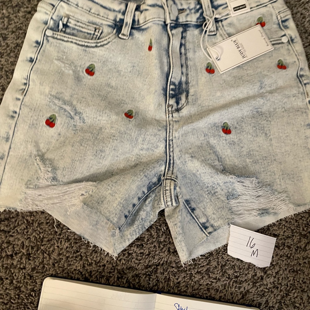Judy Blue Light Wash Denim Jean Shorts with Cherry Embroidery